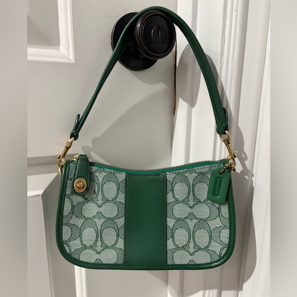 Coach Handbags - Coach Green Signature Jacquard Mini Swinger Baguette Shoulder Bag Rare Color